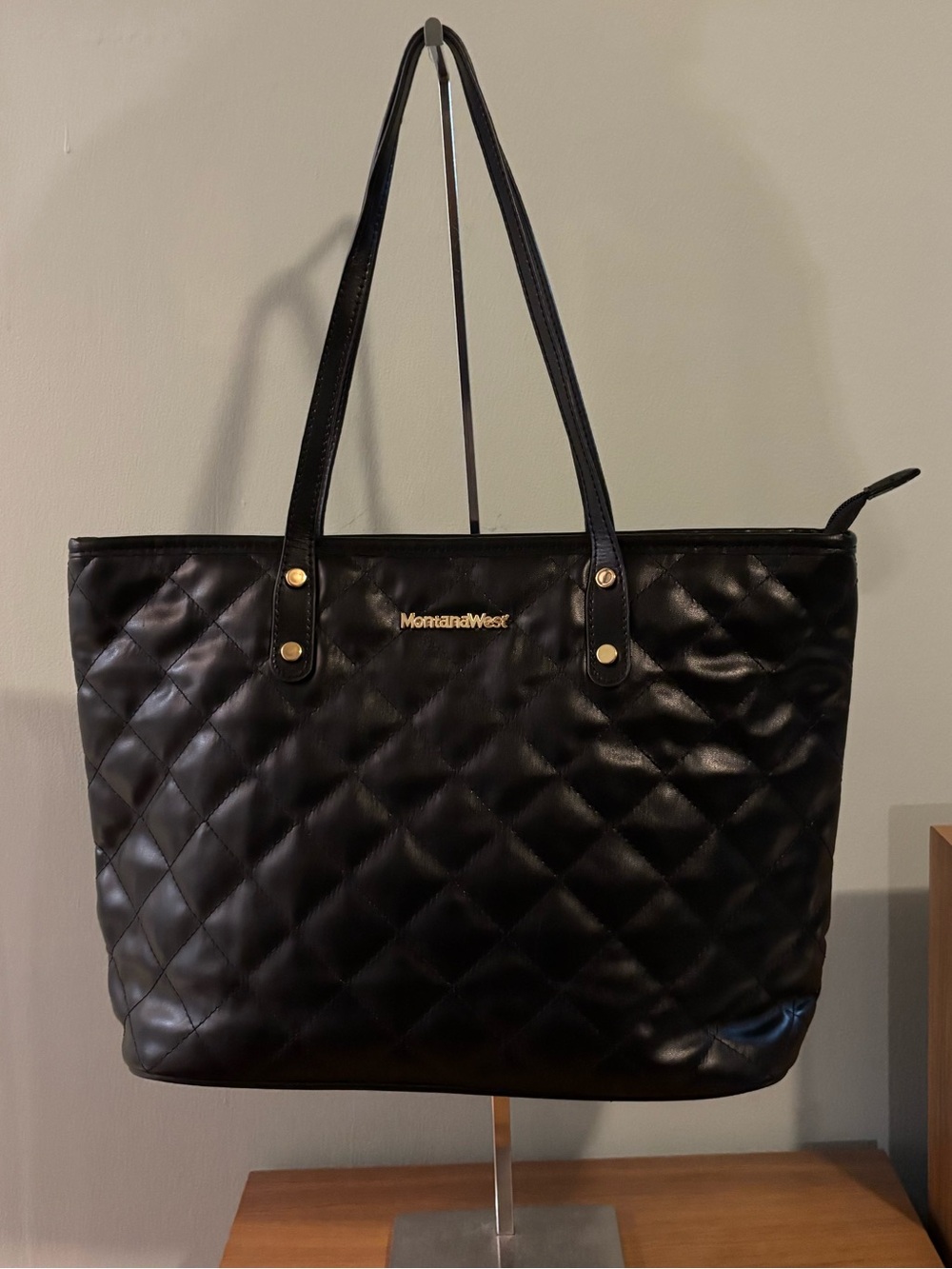 Montana West Black Quilted Tote interior zippered pocket and two slip pouches
